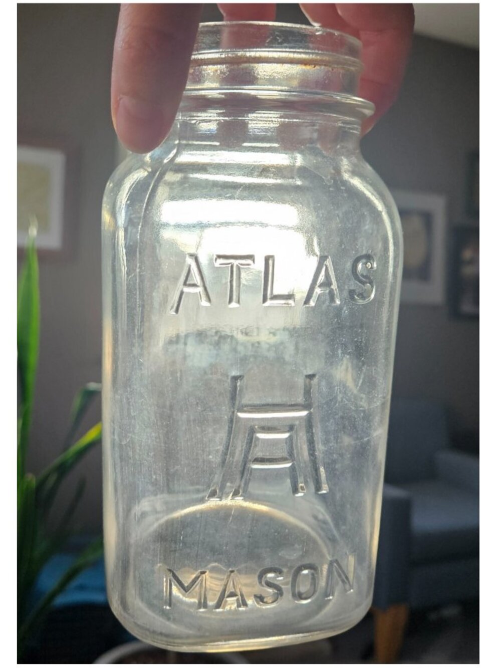 Vintage Hazel Atlas Mason Clear Glass Quart Jar Embossed On Bottom No Lid